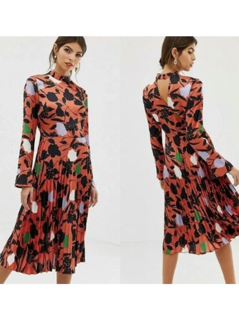 ASOS Coral Floral Midi Dress with Black, Green & Lilac Accents